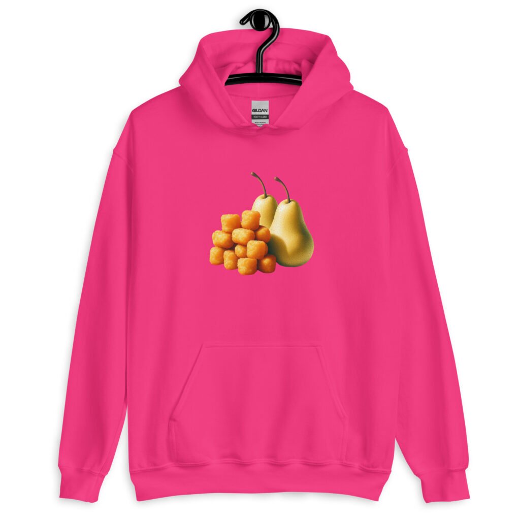 Heliconia pink hoodie sweatshirt with an image of tater tots and two pears printed on the front.