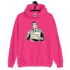 Heliconia pink hoodie sweatshirt with graphic of a retro man holding sign that says 'Ladies, mansplaining is short for man explaining' printed on the front.