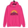 Heliconia pink hoodie sweatshirt with a graphic of a rainbow and the words 'Spread negativity' printed on the front.