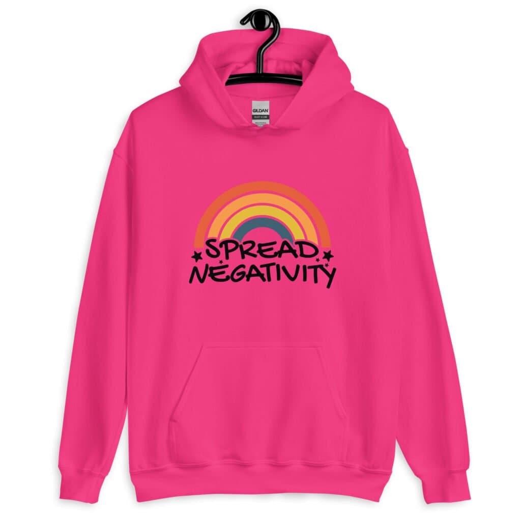 Heliconia pink hoodie sweatshirt with a graphic of a rainbow and the words 'Spread negativity' printed on the front.