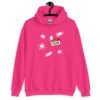 Heliconia pink hoodie sweatshirt with Eileen name tag and white splatters printed on the front.