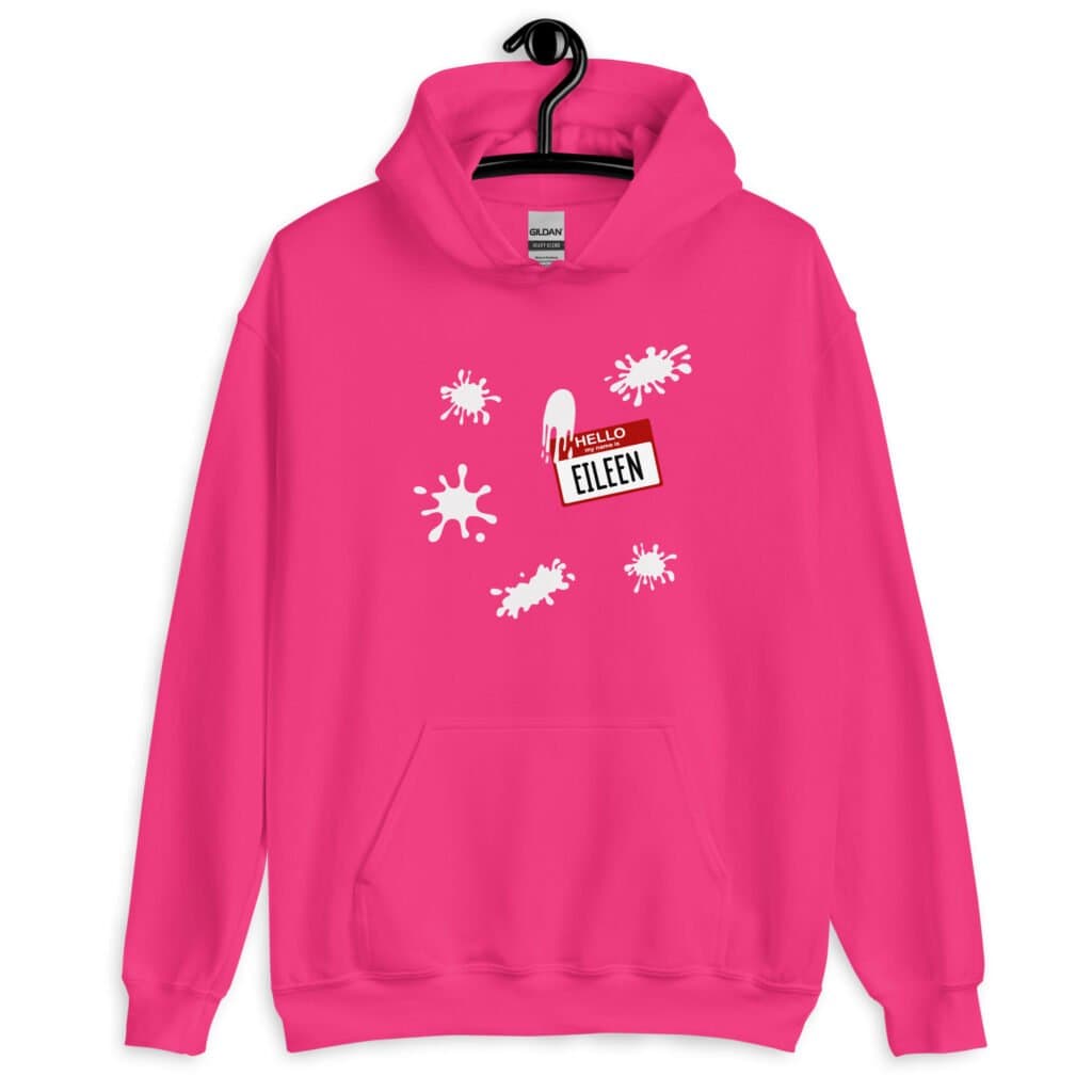 Heliconia pink hoodie sweatshirt with Eileen name tag and white splatters printed on the front.