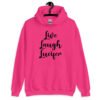 Heliconia pink hoodie sweatshirt with the parody phrase 'Live, Laugh, Lucifer' printed on the front.