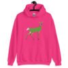 Heliconia pink hoodie sweatshirt with funny image of a doe deer with a dill pickle body printed on the front.
