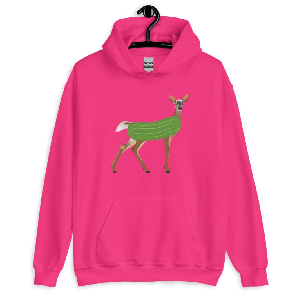 Heliconia pink hoodie sweatshirt with funny image of a doe deer with a dill pickle body printed on the front.