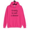 Heliconia pink hoodie sweatshirt with the text 'Gravity is such a downer' printed on the front.