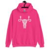 Heliconia pink hoodie sweatshirt with image of a pink uterus flipping middle finger graphic printed on the front.