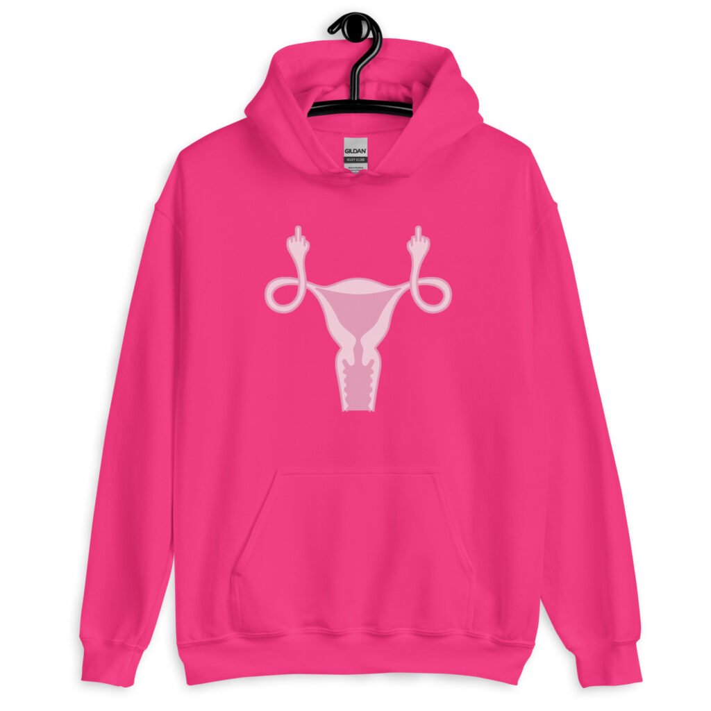 Heliconia pink hoodie sweatshirt with image of a pink uterus flipping middle finger graphic printed on the front.