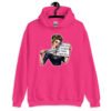 Heliconia pink hoodie sweatshirt that has a graphic of an angry looking retro woman holding a knife and a sign. The sign says 'Tell me to calm down. I dare you.' The graphic is printed on the front of the hoodie.