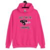 Heliconia pink hoodie sweatshirt that has an image of a strap-on dildo and the words 'Just the tip. I promise.' printed on the front.