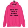 Heliconia pink hoodie sweatshirt with the text 'Voted most likely to become a cult leader' printed on the front.