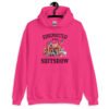 Heliconia pink hoodie sweatshirt with a circus theme graphic and the text 'Ringmaster of the Shitshow' printed on the front.