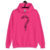 Heliconia pink hoodie sweatshirt with the text 'Question everything' printed on the front. The words are in the shape of a question mark.