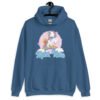 Indigo blue hoodie sweatshirt with funny pastel rainbow unicorn graphics and the words Alpha Male printed on the front.