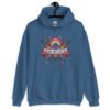 Indigo blue hoodie sweatshirt with colorful boho floral design and the test 'Bad vibes only' printed on the front.