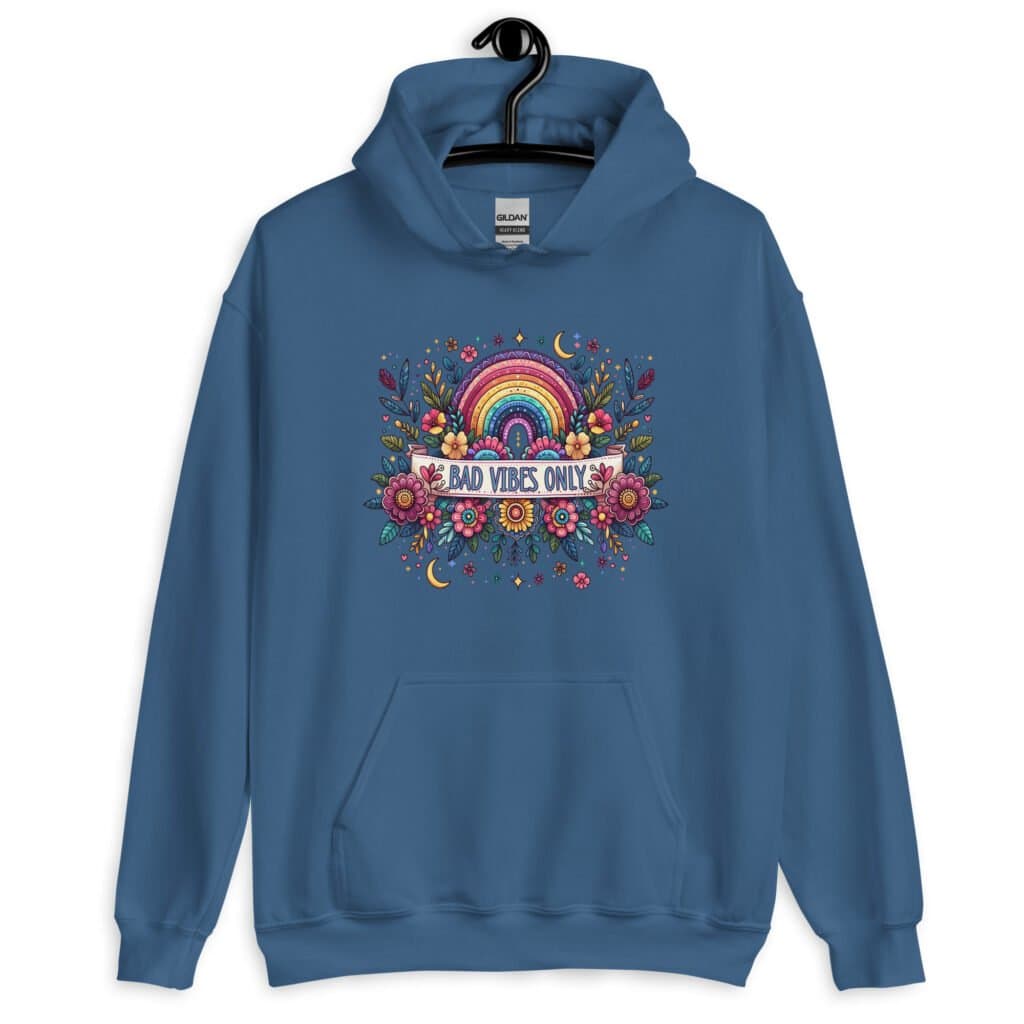 Indigo blue hoodie sweatshirt with colorful boho floral design and the test 'Bad vibes only' printed on the front.