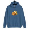 Indigo blue hoodie sweatshirt with an image of tater tots and two pears printed on the front.