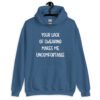 Indigo blue hoodie sweatshirt with the text 'Your lack of swearing makes me uncomfortable' printed on the front.