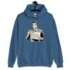 Indigo blue hoodie sweatshirt with graphic of a retro man holding sign that says 'Ladies, mansplaining is short for man explaining' printed on the front.