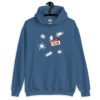 Indigo blue hoodie sweatshirt with Eileen name tag and white splatters printed on the front.