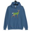 Indigo blue hoodie sweatshirt with funny image of a doe deer with a dill pickle body printed on the front.
