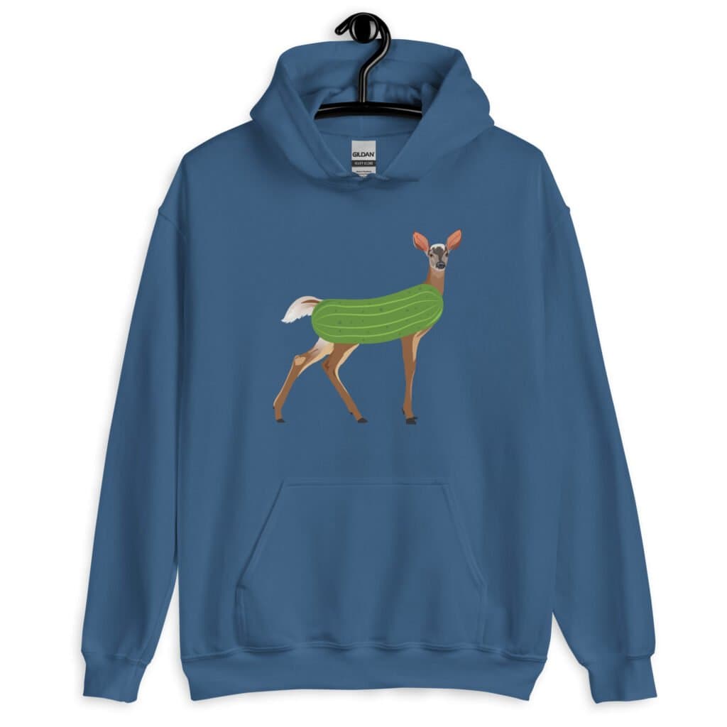 Indigo blue hoodie sweatshirt with funny image of a doe deer with a dill pickle body printed on the front.