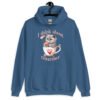 Indigo blue hoodie sweatshirt that says 'I think about murder' with image of cute fluffy kitten sitting in a teacup printed on the front.