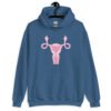 Indigo blue hoodie sweatshirt with image of a pink uterus flipping middle finger graphic printed on the front.