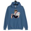 Indigo blue hoodie sweatshirt that has a graphic of an angry looking retro woman holding a knife and a sign. The sign says 'Tell me to calm down. I dare you.' The graphic is printed on the front of the hoodie.