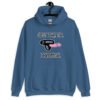 Indigo blue hoodie sweatshirt that has an image of a strap-on dildo and the words 'Just the tip. I promise.' printed on the front.