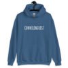 Indigo blue hoodie sweatshirt with the word 'Cunnilinguist' printed on the front.