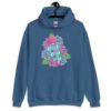 Indigo blue hoodie sweatshirt with graphic design that has the words 'Good vibes only' layered over a pink wand vibrator with flowers around. The graphic design is printed on the front of the hoodie.