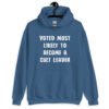 Indigo blue hoodie sweatshirt with the text 'Voted most likely to become a cult leader' printed on the front.