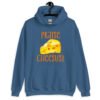 Indigo blue hoodie sweatshirt with funny graphics of a piece of swiss cheese and the text 'Praise Cheesus' printed on the front of the shirt in yellow and orange.