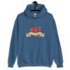 Indigo blue hoodie sweatshirt with funny image of an old school rose flash tattoo with the words 'No ragrets' intentionally misspelled.