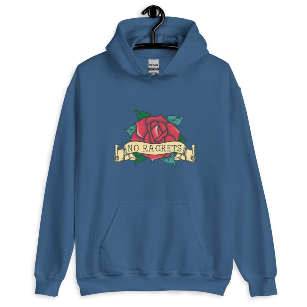 Indigo blue hoodie sweatshirt with funny image of an old school rose flash tattoo with the words 'No ragrets' intentionally misspelled.