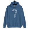 Indigo blue hoodie sweatshirt with the text 'Question everything' printed on the front. The words are in the shape of a question mark.
