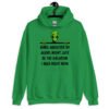 Irish green hoodie sweatshirt with image of an alien and the words 'Being abducted by aliens might just be the vacation I need right now' printed on the front.