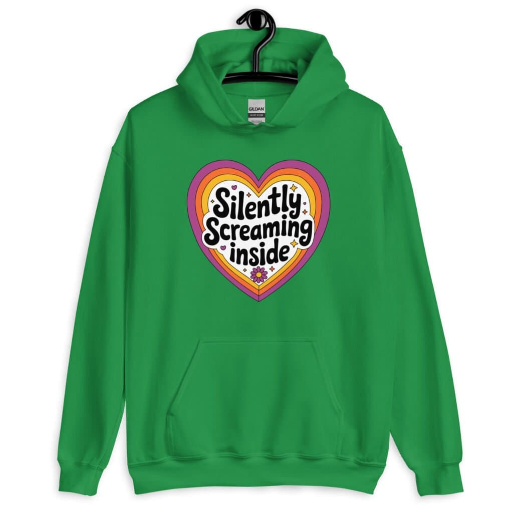 Irish green hoodie sweatshirt with a colorful graphic that says 'Silently screaming inside'. The graphics are printed on the front.