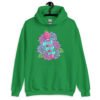 Irish green hoodie sweatshirt with graphic design that has the words 'Good vibes only' layered over a pink wand vibrator with flowers around. The graphic design is printed on the front of the hoodie.