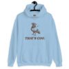 Light blue hoodie sweatshirt with an image of a pigeon and the words 'That's coo.' printed on the front.