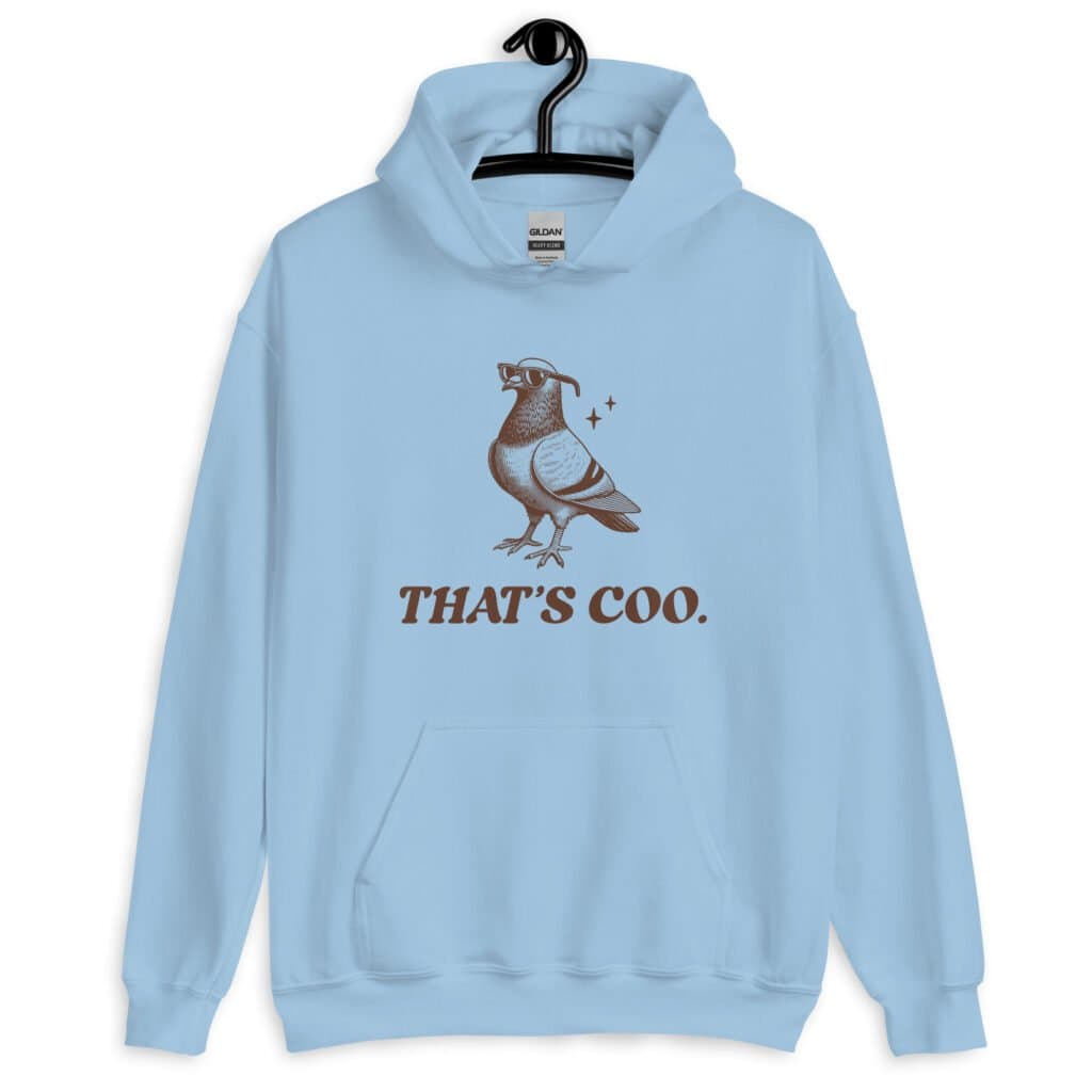 Light blue hoodie sweatshirt with an image of a pigeon and the words 'That's coo.' printed on the front.