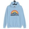 Light blue hoodie sweatshirt with a graphic of a rainbow and the words 'Spread negativity' printed on the front.