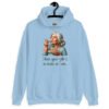 Light blue hoodie sweatshirt with an image of grey haired older woman enjoying a bite of a piece of cake with the words 'I hope your cake is as moist as I am' printed on the front.