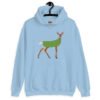Light blue hoodie sweatshirt with funny image of a doe deer with a dill pickle body printed on the front.