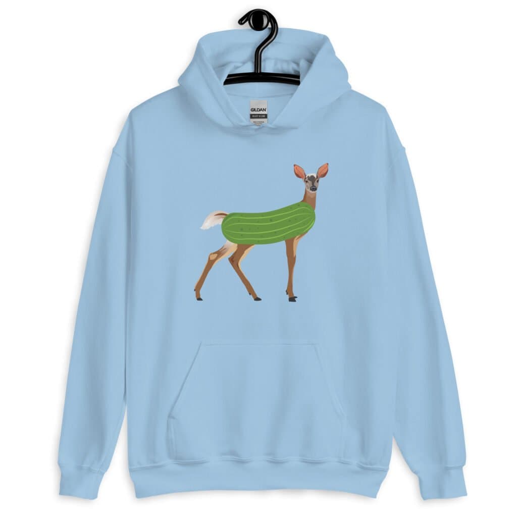 Light blue hoodie sweatshirt with funny image of a doe deer with a dill pickle body printed on the front.