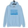 Light blue hoodie sweatshirt with the text 'Emotional support human. Do not pet' printed on the front.