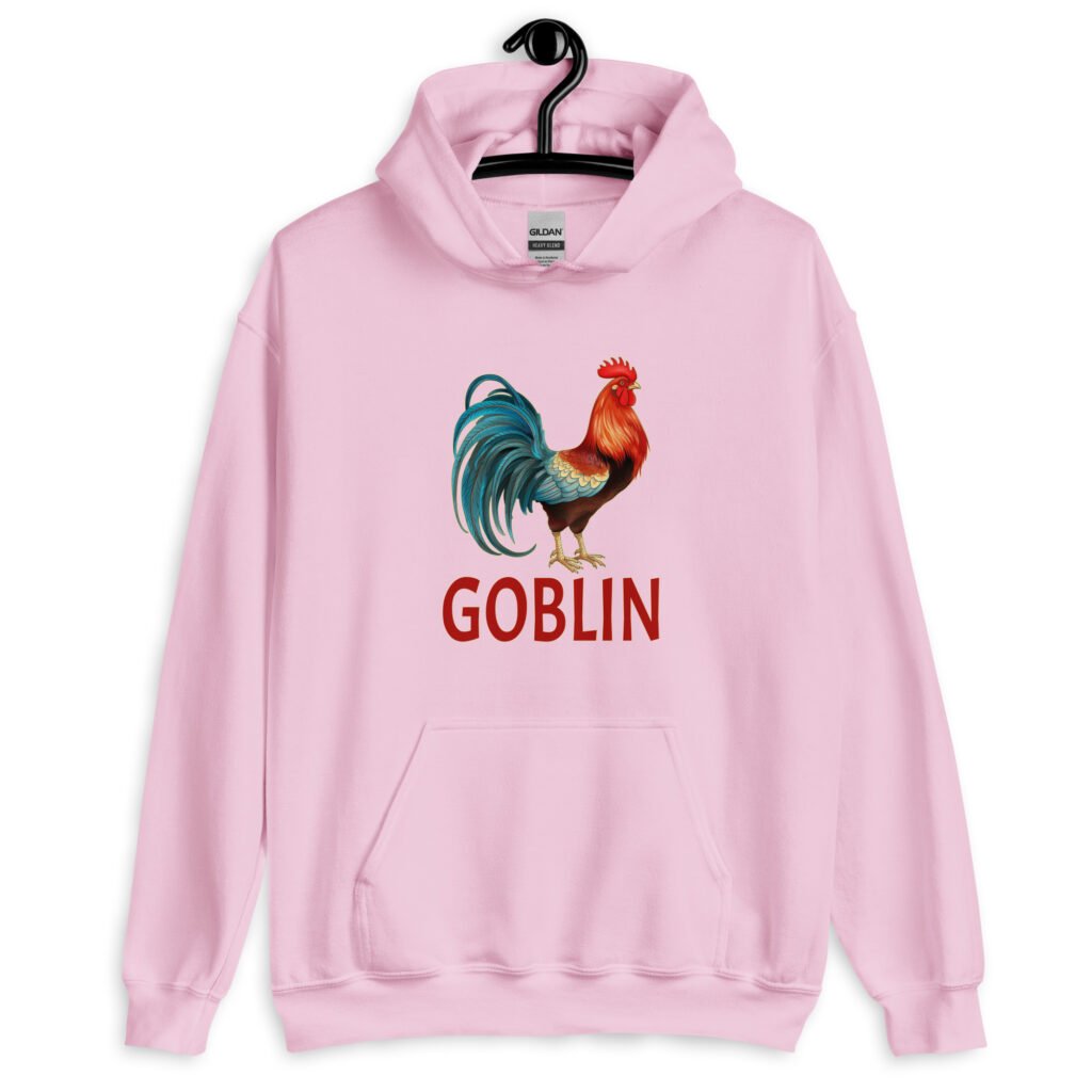 Light pink hoodie with an image of a rooster and the word 'Goblin' printed under the rooster. The graphics are printed on the front of the hoodie.