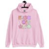 Light pink hoodie sweatshirt with colorful pastel font 'Fuck this shit' graphics printed on the front.