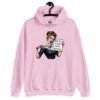 Light pink hoodie sweatshirt that has a graphic of an angry looking retro woman holding a knife and a sign. The sign says 'Tell me to calm down. I dare you.' The graphic is printed on the front of the hoodie.